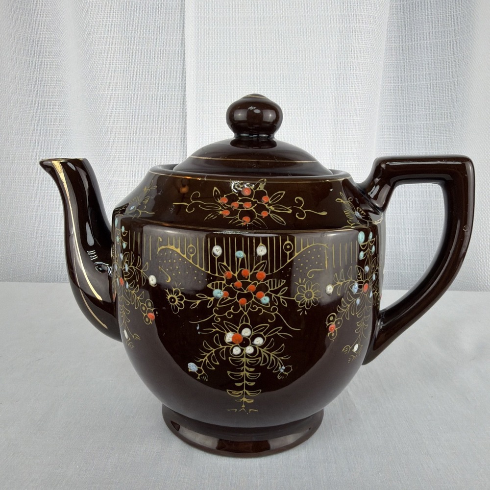 Vintage Brown Betty Redware Teapot Moriage Enamel Hand Painted Japan GUC MCM